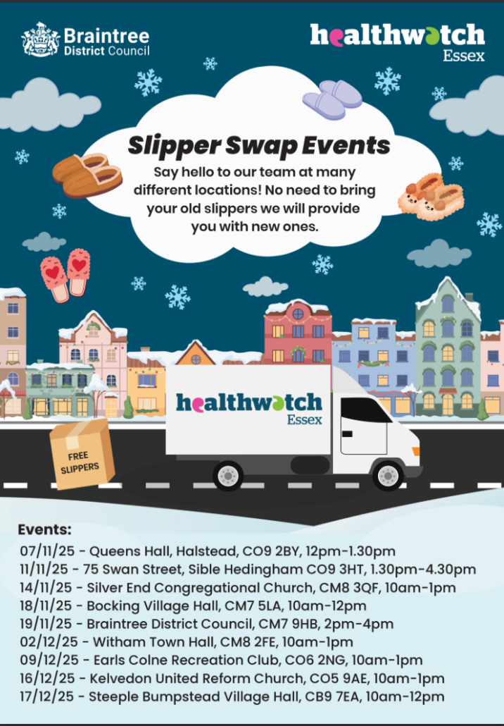 Poster for Slipper Swap Events with dates, times, locations, and free slippers offered by Braintree District Council.