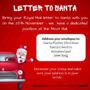 Santa in a red car delivers a letter; event details for sending letters to Father Christmas at Moot Hall on 25th November.