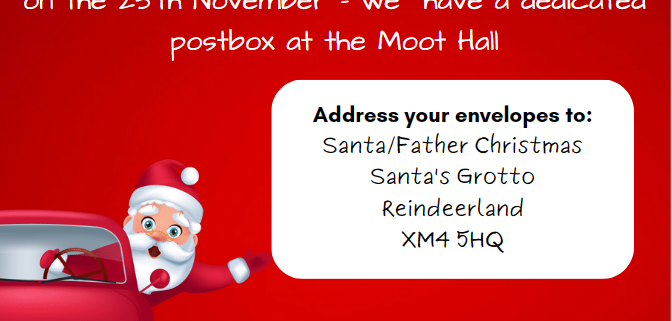 Santa in a red car delivers a letter; event details for sending letters to Father Christmas at Moot Hall on 25th November.