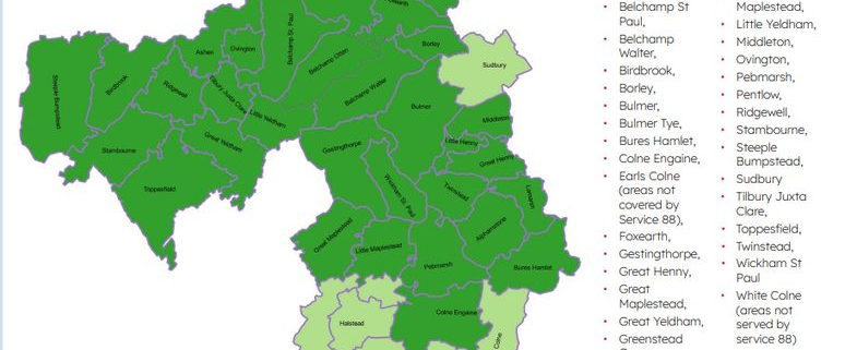 Map showing the DaRT 3 area in green and listing the parishes it covers in Essex and Suffolk.