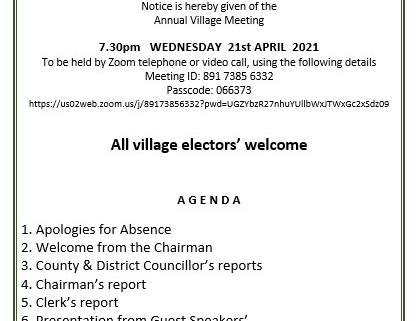 Village council meeting notice with agenda and Zoom details, dated 21 April 2021, all villagers welcome.