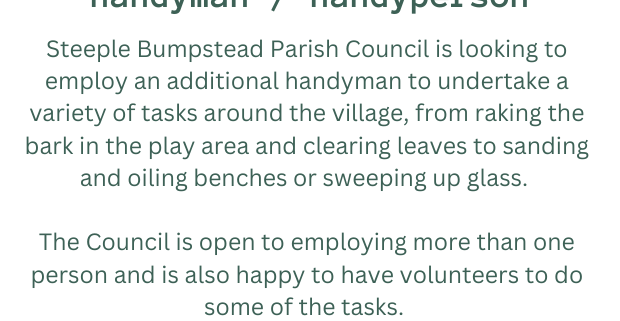 Job advert for a handyman/handyperson at Steeple Bumpstead Parish Council, detailing duties and contact info.