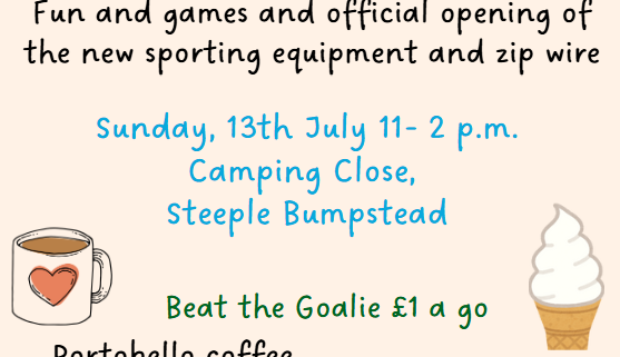 Colourful picnic flyer with sun, coffee, ice cream, and football. Event details listed for 13 July in Steeple Bumpstead.