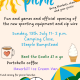 Colourful picnic flyer with sun, coffee, ice cream, and football. Event details listed for 13 July in Steeple Bumpstead.