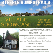 Poster for Steeple Bumpstead’s Village Showcase event, with event details, date, time, and images of the village.