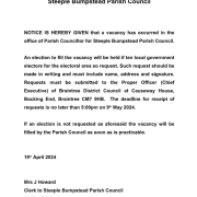 Notice of vacancy for a parish councillor at Steeple Bumpstead, with application details and closing date.