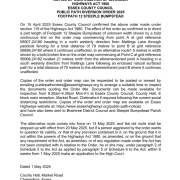 A public notice from Essex County Council about a footpath diversion, with a pink and white colour scheme.
