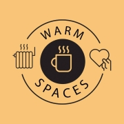 A mug, radiator, and hand holding a heart with "Warm Spaces" text on a tan background.