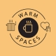 A mug, radiator, and hand holding a heart with "Warm Spaces" text on a tan background.
