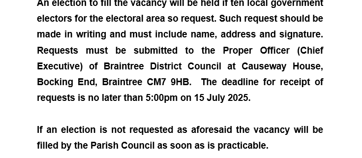 Notice of vacancy for Steeple Bumpstead Parish Council, detailing application process and deadline, dated 26 June 2025.