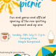 Colourful picnic invitation with sun, umbrella, football, ice cream, and mug. Event on 13 July, 11-2, Steeple Bumpstead.