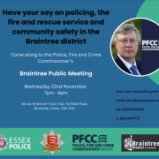 Meeting flyer with man's photo promoting a public meeting on policing and safety in Braintree, 22 November, 7-8pm.