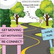 Illustration of paths to "Get Moving," "Get Motivated," "Re-Connect," and "Have Fun" for an online motivational walk.