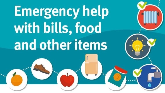 Emergency help with bills, food and other items" with icons for food, fridge, tap, and lightbulb.