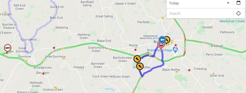 A digital map shows a driving route near Braintree, with traffic alerts and highlighted road sections.