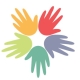 Six colourful handprints arranged in a circular pattern, forming a star shape in the centre.
