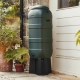 A green water butt on a black stand collects water beside a house, surrounded by potted plants.