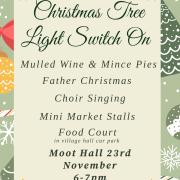 Festive poster for Steeple Bumpstead’s Christmas tree light switch-on event, with event details and decorations.