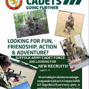 Army Cadets recruitment poster with photos of cadets in outdoor, shooting, and team activities.