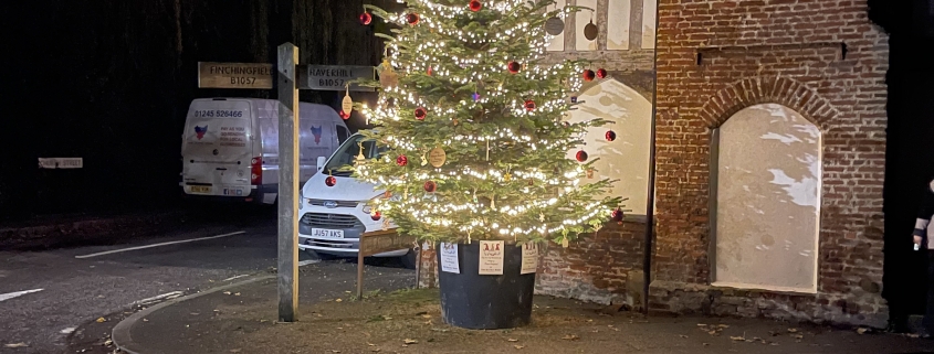 A Christmas tree with lights and baubles stands by a brick building on a wet street at night.