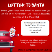 Red festive poster with Father Christmas, a red car, and instructions for sending letters to Father Christmas via a special postbox.