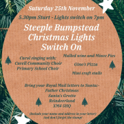 Christmas lights switch-on event poster with event details, festive decorations, and pine branches border.