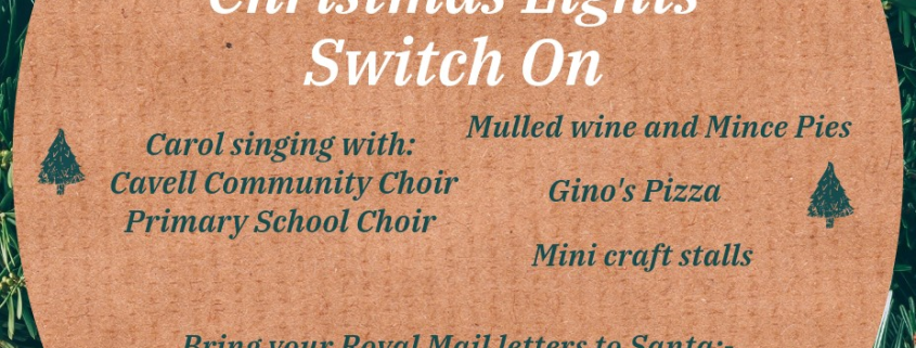 Christmas lights switch-on event poster with event details, festive decorations, and pine branches border.