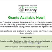 Poster announcing available grants from Earls Colne and Halstead Educational Charity for ages 5 to 25.