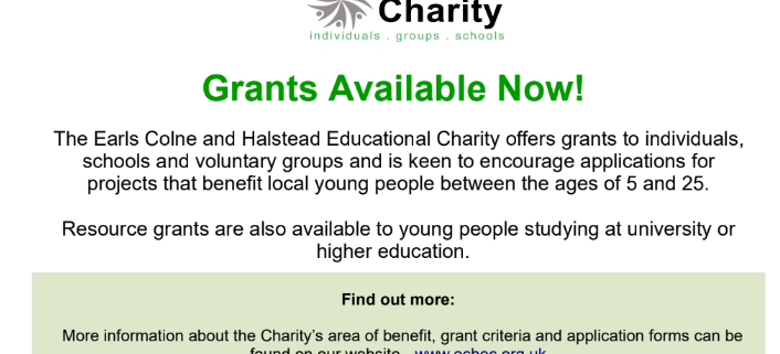 Poster announcing available grants from Earls Colne and Halstead Educational Charity for ages 5 to 25.