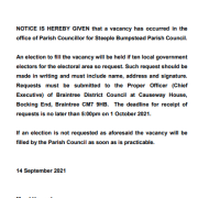Notice of a parish council vacancy with election details and contact information for Steeple Bumpstead Parish Council.