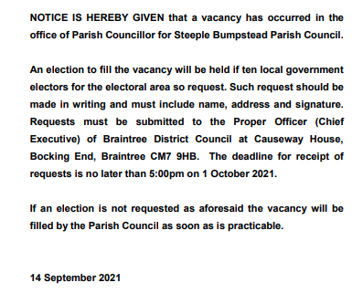 Notice of a parish council vacancy with election details and contact information for Steeple Bumpstead Parish Council.