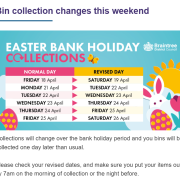 Table showing revised bin collection dates for Easter, with colourful eggs, flowers, and rabbits in the background.