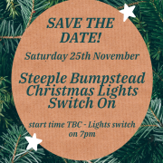A festive save-the-date flyer for Steeple Bumpstead Christmas Lights Switch-On, set on a pine background.