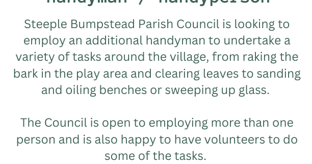 Job advert for handyman/handyperson at Steeple Bumpstead Parish Council, details and contact info included.