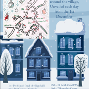 Illustrated poster for Steeple Bumpstead Advent Windows with a map and a list of house locations and dates.