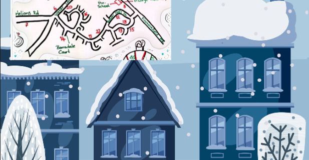 Illustrated poster for Steeple Bumpstead Advent Windows with a map and a list of house locations and dates.