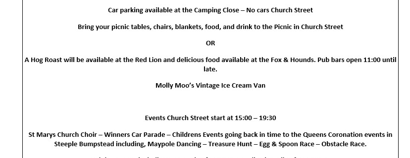 Coronation event poster listing activities like choir, picnic, parade, pub, and live music on 7 May 2023.