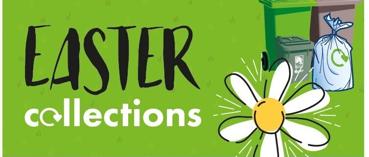 Easter collections: recycling and rubbish bins, bag, and daisy on a green background.