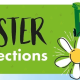 Easter collections: recycling and rubbish bins, bag, and daisy on a green background.