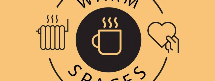 Logo with "Warm Spaces" text, a steaming mug, a radiator, and a hand holding a heart on a beige background.