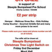 Poster advertising raffle tickets for Steeple Bumpstead Pre-School, with event and prize details in red and black text.