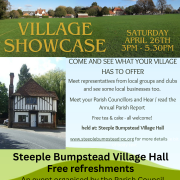 Poster for Steeple Bumpstead Village Showcase, with event details and images of a village and people outdoors.
