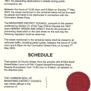Order from Braintree District Council about street closure for a Coronation event, with a red council seal.