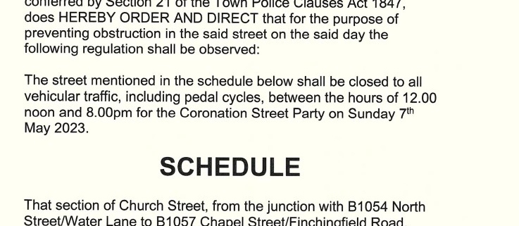 Order from Braintree District Council about street closure for a Coronation event, with a red council seal.