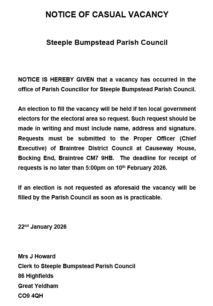Typed notice announcing a vacancy on Steeple Bumpstead Parish Council, with application details and deadline.