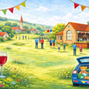 A village fete with people, food stalls, balloons, drinks, and an open car boot full of picnic items.