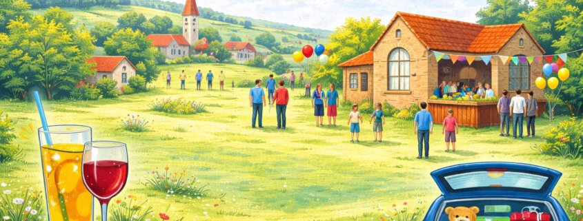 A village fete with people, food stalls, balloons, drinks, and an open car boot full of picnic items.